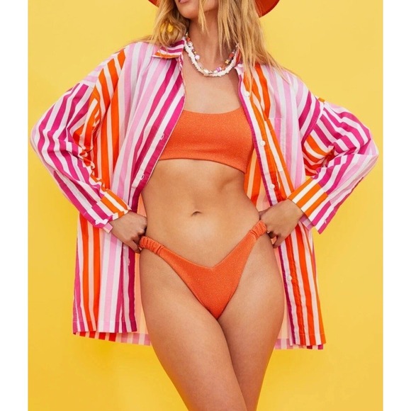 Beach Riot Alexa Sunset‎ Stripe Button Down Swim Cover-Up Shirt Large Petite - Picture 2 of 6